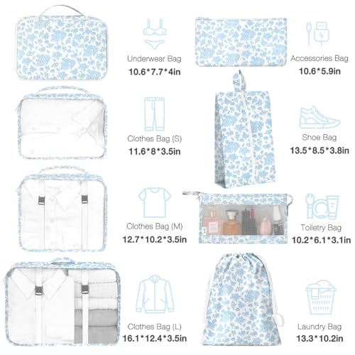 8 Set Packing Cubes for Suitcases,Packing Cube with Shoe, Cosmetics, Clothing, and Accessories Bags Packing Cubes for Travel Luggage Organizer Women Men(Blue Flowers)