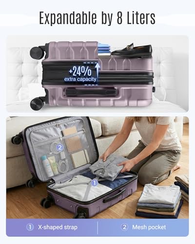 LIGHT FLIGHT Carry On Luggage 22x14x9 Airline Approved, Expandable Carry On Suitcases with Wheels, Lightweight Luggage, Durable Hard Shell 20 Inch Rolling Suit Case for Men Women Travel,Rose Purple