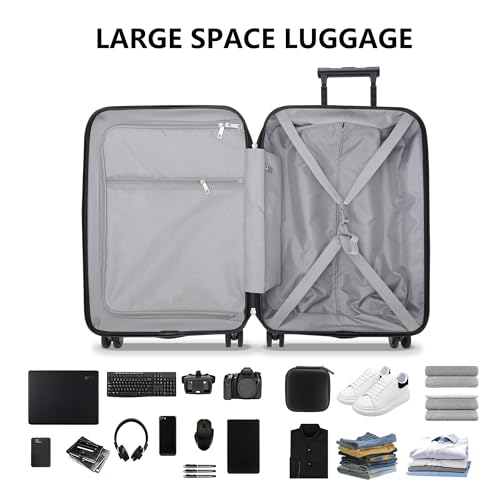 Pirtecin Luggage Sets 2 Piece, Carry On Luggage with Front Pocket & USB Port and 28 Inch Expandable Checked Luggage, Hybrid Soft Front & Hard Shell Suitcases with Spinner Wheels & TSA Lock, Black