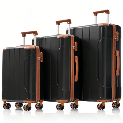 Merax Luggage Set 3 Piece, Hard Shell Suitcase Set with Spinner Wheels, Lightweight and Durable, Telescoping Handle, Carry On Luggage for Business and Vacation Travel (Black Brown)