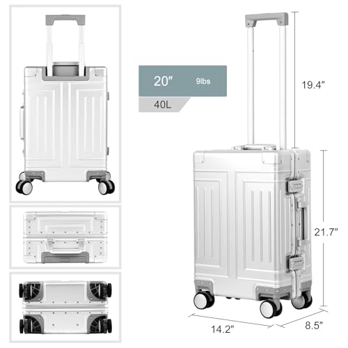 KANGSHILU All Aluminum 20'' Luggage with Removable Spinner Wheels,Provide Spare Wheels.Carry on Luggage 22 x 14 x 9 Airline Approved Lightweight Metal Hard Shell Zipperless Suitcase