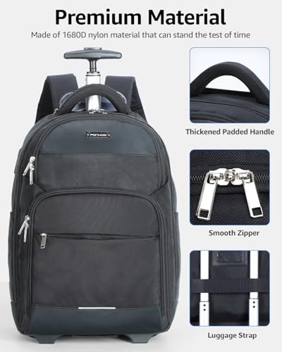 Ponhog Rolling Backpack, 30L Travel Laptop Backpack with Wheels, 15.6 Inch Roller Carry on Luggage with USB Charging Port, Flight Approved Personal Item Wheeled Suitcase for Men Women Adults, Black