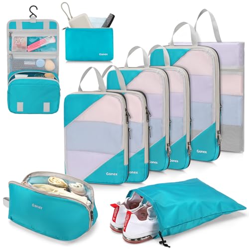Gonex 10 Set Compression Packing Cubes for Travel, Expandable Mesh Packing Organizer for Travel Accessories Essentials with Toiletry Mesh Laundry Shoe Cable Underwear & Sock Bags for Suitcases, Blue