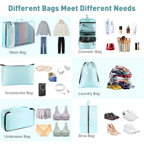 Toncoke 8-Piece Packing Cubes for Travel, 2026 Upgraded Durable Zippers & Reinforced Mesh, Complete Luggage Organizer Set with Shoe/Toiletry/Laundry Bags, 4 Sizes for Suitcase, Men Women, Lake Blue