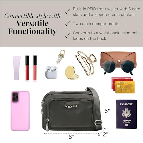 Baggallini Trifecta RFID Wallet Crossbody - 8"x6" Crossbody Bag for Women Convertible Fanny Pack Belt Bag
