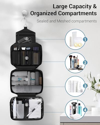 Maliton Toiletry Bag for Men & Women Travel Toiletry Bag Hanging Toiletry Bag Hygiene Bag with 4 Compartments Waterproof Bathroom Shower Bag for Traveling(Black)