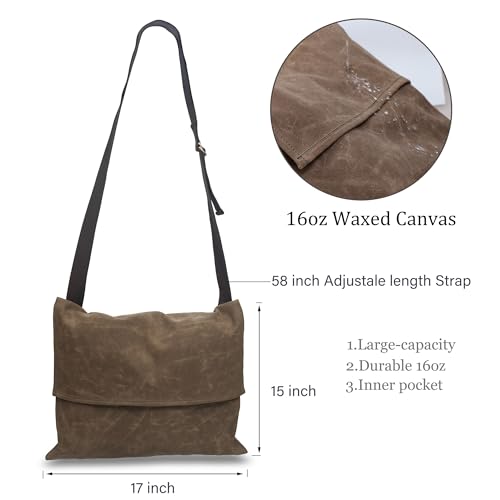 Foraging Bag 16 oz Waxed Canvas Haversack Bushcraft Shoulder Bag Durable Messenger Bag with Pocket for Gardening Camping (Antique Olive Large)