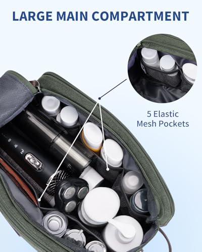 WANDF Toiletry Bag for Men Travel Toiletry Organizer Canvas and Leather Dopp Kit Water-Resistant Shaving Bag for Travel Accessories (Green, Large)