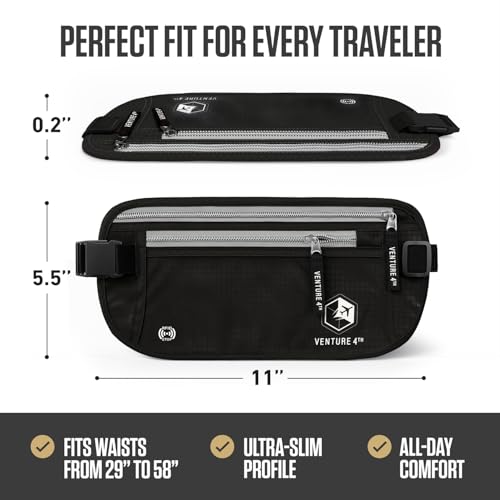VENTURE 4TH Money Belt for Travel – Slim Hidden Under-Clothes RFID Blocking Anti-Theft Passport Holder & Travel Wallet Pouch for Men & Women to Protect Cash, Cards & Documents (Black)