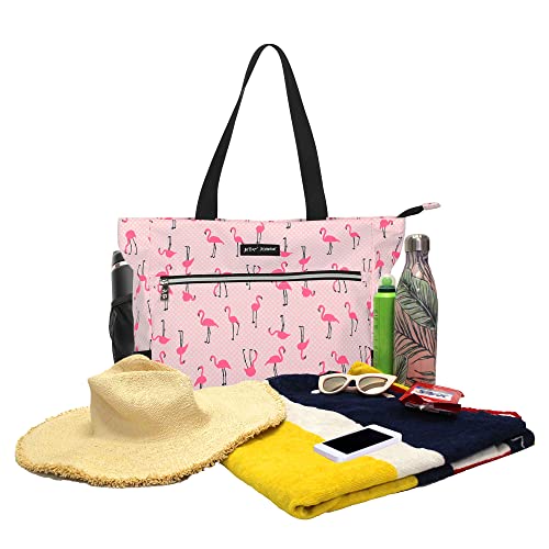 Betsey Johnson 15.6 Inch Zipper Beach Tote Bag Lightweight Large Durable Polyester with Mesh Side Pockets for Gym Work, Flamingo Strut