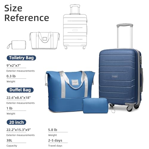 LARVENDER 3-Piece Carry On Luggage Set for Women,Hard Shell Suitcase 20Inch Carry On Luggage 22x14x9 Airline Approved, Spinner Wheel and TSA Lock（Navy 20Inch/DB/TB）