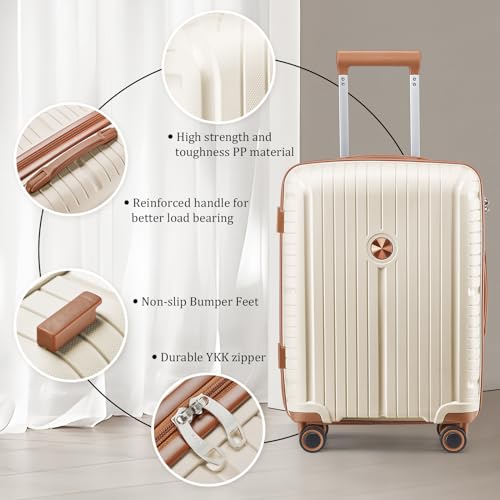Joyway Luggage Sets 5 Piece PP Hardshell Carry on Suitcase, Travel Lightweight Carry-on with Double Spinner Wheels and TSA Lock, Beige Brown