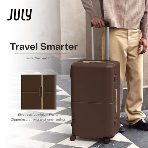 July Checked Trunk - 26.8" Zipperless Airline Approved Check In Luggage with Wheels, 80/20 Opening Spinner Suitcase - TSA Lock Rolling Suitcase, Spinner Wheels, Y-Strap - Matte Brown
