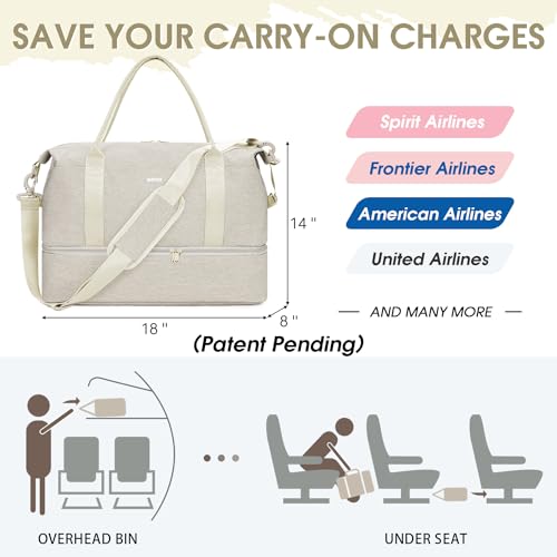 For Spirit Airlines 18x14x8 Personal Item Bag with USB Charging Port, Underseat Travel Duffel Bag with Wet Pocket & Shoes Compartment Carry On Luggage for Women Men (Beige)