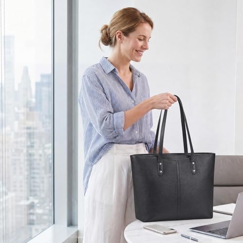 S-ZONE Tote Bag for Women Work Totes Large Vegan Leather Purses and Handbags Women's Shoulder Bag with Luggage Strap for Travel Commuting Office Teacher Black