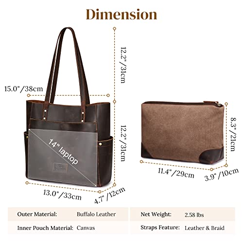 S-ZONE Genuine Leather Tote Bag Large Shoulder Purse Work Vintage Handbag for Women-dark brown