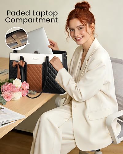 LOVEVOOK Laptop Tote Bag for Women,15.6 Inch Work Bags PU Leather Teacher Tote Bag,Waterproof Quilted Computer Bag for Office Professional Briefcase Gifts