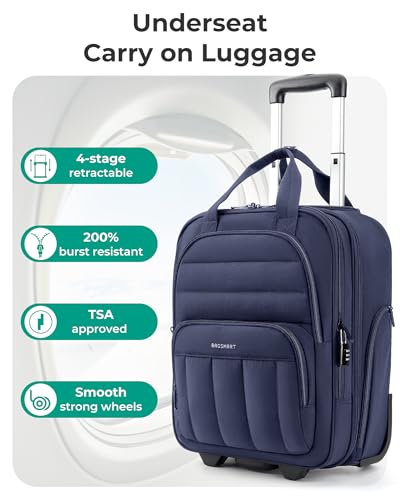 BAGSMART Small Underseat Carry on Luggage with Wheels, 16 inch Small Under Seat Luggage, Lightweight Travel Suitcase for Women, Navy Blue