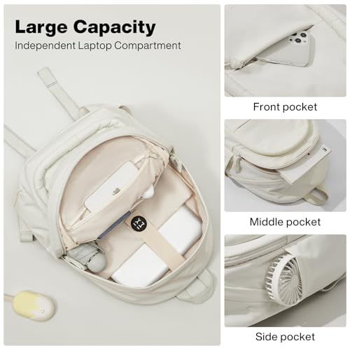 mixi Sweet Design Women Backpack Girls Cute Book Bag with Shockproof 15.6" Laptop Pocket Casual Daily Light Weight, Pearl White