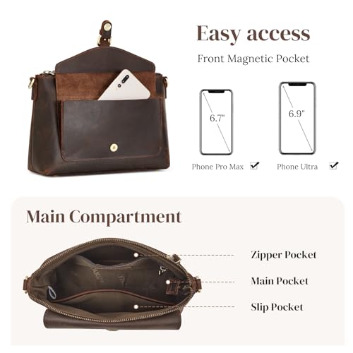 S-ZONE Genuine Leather Crossbody Bags for Women Trendy RFID Blocking Shoulder Bag Purse Handbag with Zipper Pocket - Dark Brown