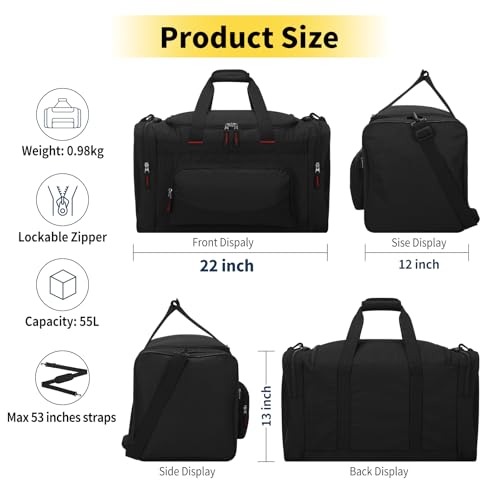 THSOGO 22 inch Gym Bag for Men - 55L Large Travel Duffle Bag Sports Equipment Bag with Multiple Zippered Pockets,Outdoor Workout Duffle Bag for Overnight Weekend - Black