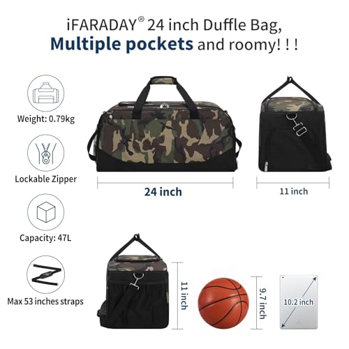 iFARADAY 47L Mens Duffel Bag for Travel with Shoe Compartment, Large Gym Bag for Men with Luggage Sleeve, Weekender Overnight Bag (Camouflage)