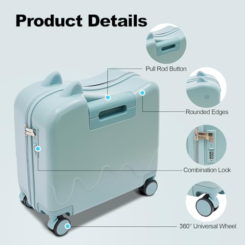 EcoTypee Kids Ride on Suitcase with Spinner Wheels, Luggage With Lock for Girls and Boys, Toddler Ride on Luggage for Study Tours, Outings, Trips (Sky Blue)