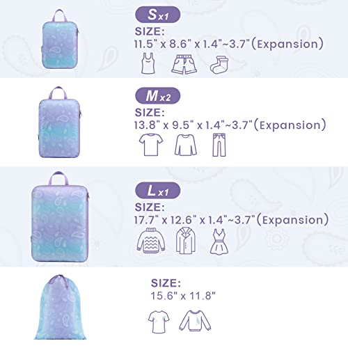 Cambond Compression Packing Cubes Travel - 5 Set Packing Cubes for Carry on Suitcases, Lightweight Expandable Luggage Organizers Space Saver Compression Cubes with Laundry Bag, Blue Purple Gradient