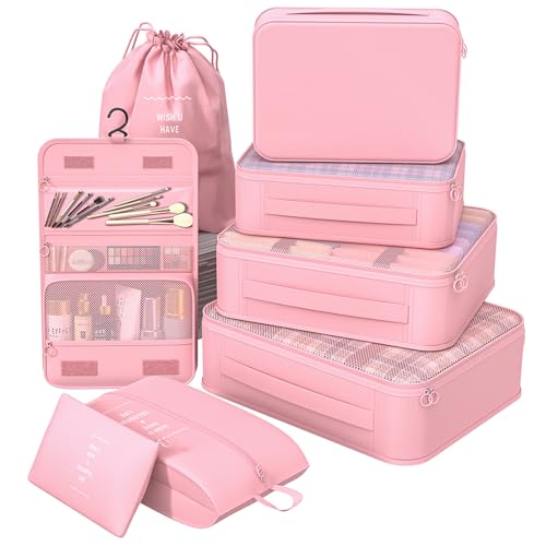 8 Set Packing Cubes for Travel,Suitcase Organizer Bags for Luggage with Shoe & Hanging Toiletry Bag, Vacation Essentials & Accessories for Cruise Ship, Airplane Must-Have,Road Trip & Camp Gifts(Pink)