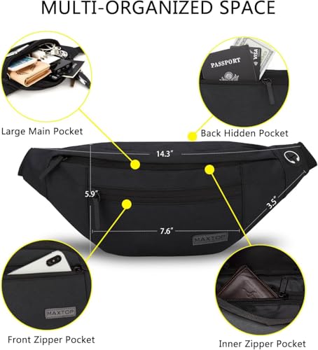 MAXTOP Large Crossbody Fanny Pack with 4-Zipper Pockets,Gifts for Enjoy Sports Festival Workout Traveling Running Casual Hands-Free Wallets Waist Pack Phone Bag Carrying All Phones