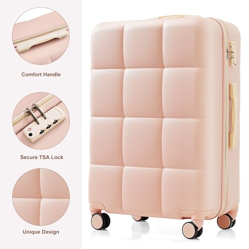 Merax 3 Piece Luggage Set with Cup Holder ABS Hardshell Lightweight Suitcase Sets Spinner Wheels Suitcase with TSA Lock, 20 Inch Airline Certified Carry-on Luggage, 20" 24" 28", Pink
