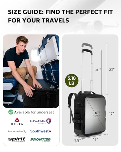 Rolling Tactical Laptop Backpack, Underseat Travel Backpack with Wheels, 16 Inch Wheeled Military Computer Backpack for Men and Women, Roller Overnight Molle Outdoor Hiking College Carry on Luggage