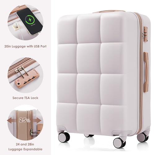 Merax Hardshell Luggage Sets 3 Pieces 4 Spinner Wheel with USB Port Ice Grey, 20/24/28 Inch