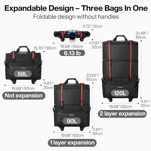 mixi Travel Bag with Wheels Expandable Foldable Luggage Bag Collapsible Rolling Travel Bag Duffel Bag Large Capacity Suitcase for Men Women, Black