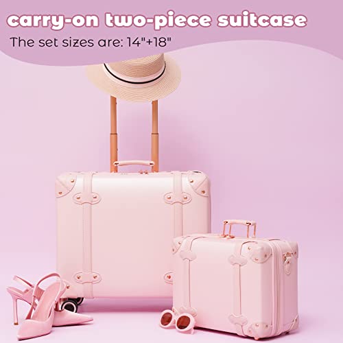 Miss.Box Vintage Carry On Luggage Set with Wheels for Women, Retro Trunk Style PU Leather Suitcase with Matching Vanity Case, 14” & 18” Set