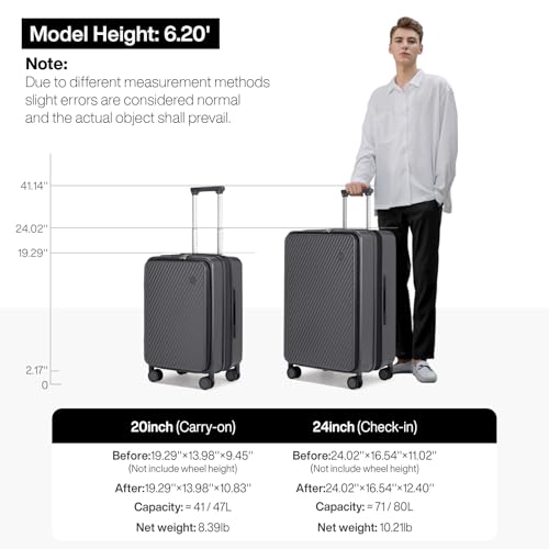 mixi 24 Inch Large Expandable Checked Luggage PC Hard Shell Suitcase Top Opening Rolling Travel Suitcases with Spinner Wheels & TSA Lock, Rock Gray