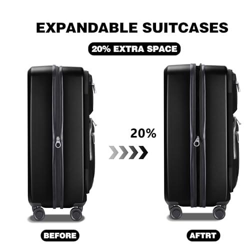 Pirtecin Luggage Sets 2 Piece, Carry On Luggage with Front Pocket & USB Port and 28 Inch Expandable Checked Luggage, Hybrid Soft Front & Hard Shell Suitcases with Spinner Wheels & TSA Lock, Black