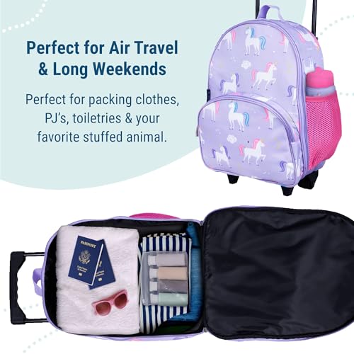 Wildkin Kids 16 Inch Rolling Luggage for Boys & Girls – Lightweight Carry-On Suitcase with Telescoping Handle & Rolling Wheels for School, Travel & Overnight Trips, Ages 3–7 – Unicorn