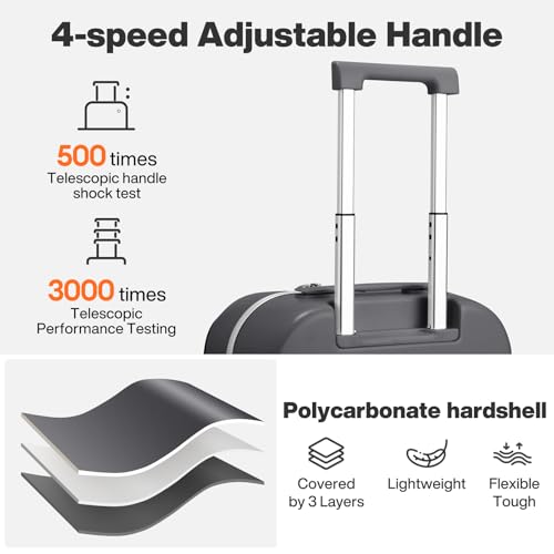 mixi 26 Inch Large Checked Luggage PC Hard Shell Suitcase Top Opening Aluminum Frame Travel Suitcases with Wheels, Rock Gray