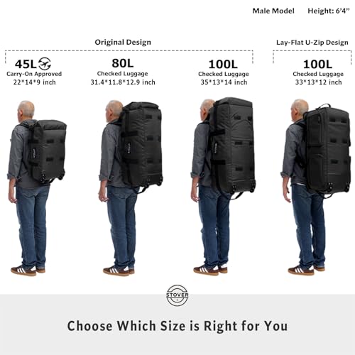 STOVER 45/80/100L Rolling Duffel Bag with Wheels, X-Large Durable Travel Duffle + Toiletry Bag, Heavy Duty, Packable with Shoulder Straps- Use as Luggage or Backpack, Men/Women (Green)