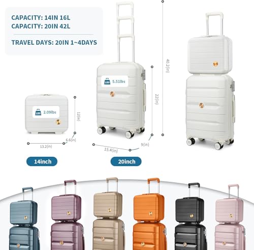 Somago 20" Carry On Luggage and 14" Mini Cosmetic Cases Travel Set Lightweight Polypropylene Suitcase with TSA Lock YKK Zipper Hardside Luggage with Spinner Wheels (2 Piece Set, Creamy White)