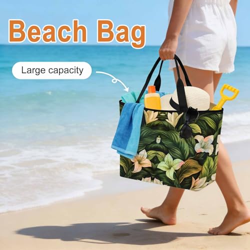 White Lily Flower Mesh Beach Bag,Tropical Bloom Floral Green Leaf Large Beach Tote Waterproof Sandproof Swim Toys Pool Bag