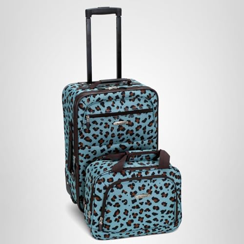 Rockland Fashion Softside 4 Piece Luggage Set, Expandable, (14" Tote/19"/24"/28"), Blue Leopard