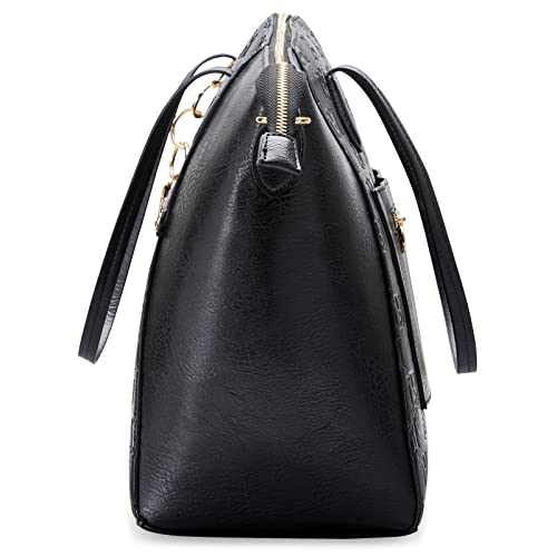 Badgley Mischka Caroline Weekender Travel Bag for Women, Vegan Leather Duffel Tote with Trolley Sleeve, Monogram Design, Carry On Overnight Bag (Black)