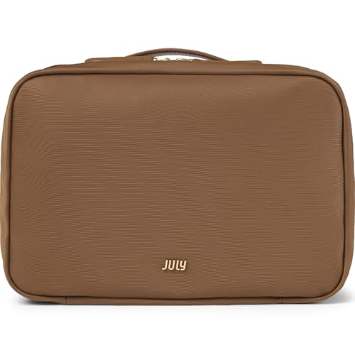 July Hanging Toiletry Bag with Hidden Hook, Clear & Leak-Resistant PVC Pocket, Toothbrush Tab, Water-Resistant Nylon and Leather Trims - Travel Essentials Bag, Bathroom Travel Organizer - Light Brown