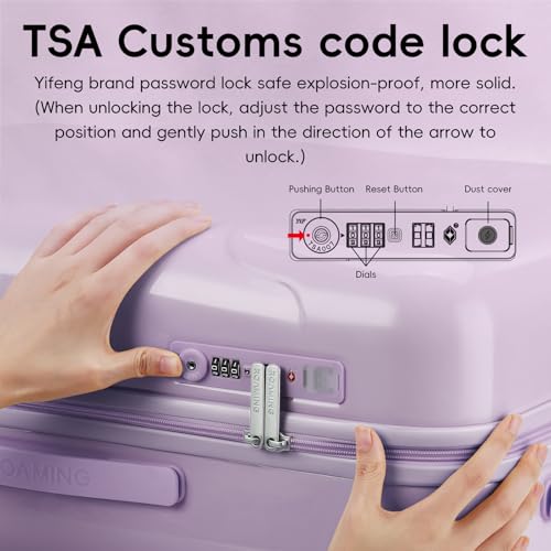 ROAMING 20-Inch Purple Carry On Luggage Airline Approved Lightweight PC Hardside Rolling Suitcase with TSA Lock Cup Holder USB Charging Port and Spinner Wheels for Women Ice cream suitcase