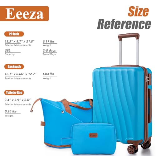 Eeeza Carry on Luggage Sets 22x14x9 Airline Approved Durable Travel Luggage Suitcases with Wheels,ABS Hard Case Suitcases with Spinner Wheels,(SkyBlue,3 Piece Sets(20"/DB/TB))
