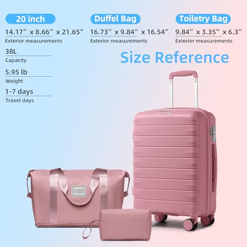 LARVENDER Luggage Sets 3 Piece with Duffel Bag Hardside PP Carry On Suitcase with 360° Spinner Wheels TSA Lock Luggage Sets for Women, Pink