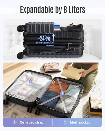 LIGHT FLIGHT Expandable Carry On Luggage 22x14x9 Airline Approved with Double Spinner Wheels, 20 Inch Lightweight Hard Shell Rolling Suitcases with TSA Lock, Black