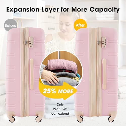 Merax 2 Piece Hardshell Luggage Set, 20”+28” Lightweight Suitcase with TSA Lock and a Travel Bag, Expandable Luggage with Spinner Wheels, Light Pink